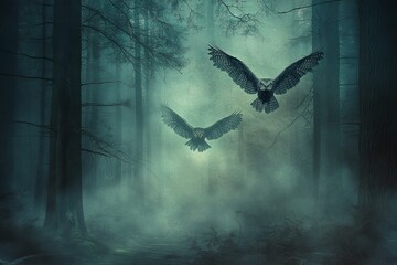 Poster - Two majestic owls soar through a foggy forest, creating an ethereal scene filled with mystery. The tranquil wilderness setting invites viewers into nature's serene beauty.