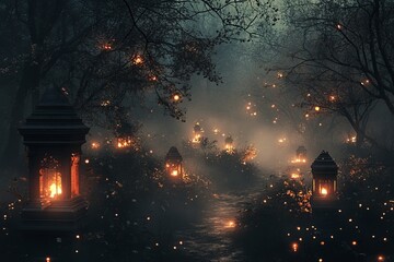 Poster - A captivating nighttime forest scene filled with softly glowing lanterns, surrounded by mist and trees, creating a magical and serene atmosphere.