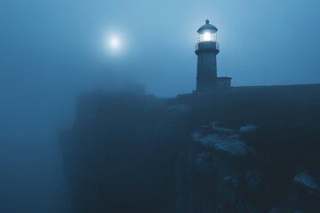 Poster - Mysterious Lighthouse in Fog with Moonlight Illumination