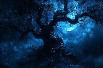 Poster - A mystical scene featuring an ancient tree illuminated by a full moon, surrounded by a dark and atmospheric sky. Perfect for fantasy themes.