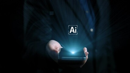 Poster - human interact with ai artificial intelligence brain processor in concept of ai artificial intellige