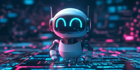Poster - Endearing robot character stands in a vibrant digital landscape, showcasing futuristic technology and an inviting expression, ideal for creative projects.