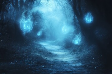 Poster - A mesmerizing view of a misty forest path, illuminated by glowing blue orbs at night. The atmospheric setting evokes a sense of magic and mystery.