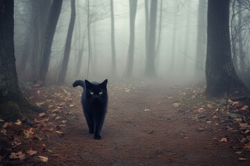 Poster - A serene black cat wanders through a fog-covered forest path, embodying mystery and tranquility among the ethereal trees and fallen leaves.