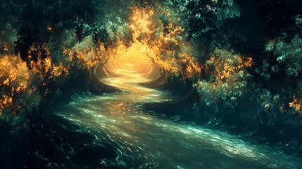 Poster - a painting of a river with a bright orange glow in the background