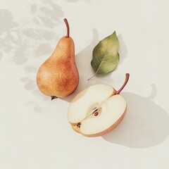Poster - Two ripe pears, one sliced, with leaf and shadow.
