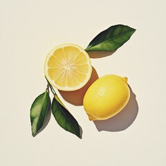 Poster - Halved lemon and whole lemon with leaves on beige background.