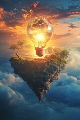 Poster - Floating Light Bulb Overworld with Nature and Vibrant Sunset Sky