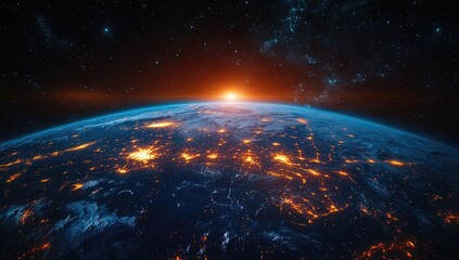 Earth at night, glowing city lights against dark space. Sunrise or sunset with warm light