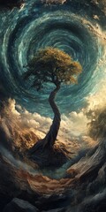 Poster - This captivating image features a solitary tree twisting upward amid swirling clouds and cosmic light, depicting a surreal and magical atmosphere.