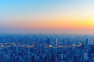 Poster - Cityscape network at dawn.  Connected urban horizon