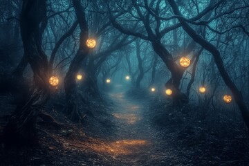 Poster - A captivating forest path illuminated by enchanting orbs, surrounded by twisted trees and mist, creates a magical atmosphere for exploration and serenity.