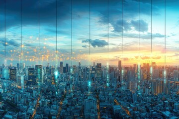 Fototapete - Modern cityscape at sunset, connected by digital lines