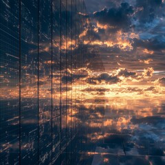 Poster - a stunning image showcasing a glass building facade reflecting a vibrant sunset with colorful clouds