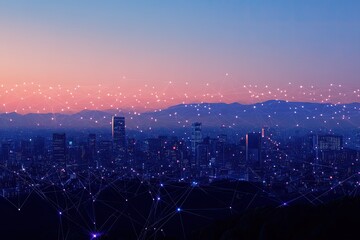 Fototapete - Futuristic city skyline at dawn, connected by a network of lines