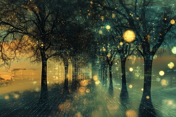 Poster - Enchanted Forest Path with Glowing Lights and Dreamy Atmosphere