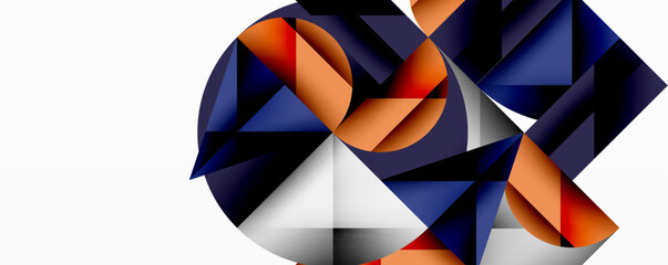 Poster - Abstract geometric design with intersecting circles, triangles, squares and sharp angles creating a layered composition with gradients, depth, and contrast
