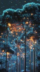 Poster - Experience a surreal forest where trees shimmer with glowing data nodes instead of leaves, creating a captivating blend of nature and fantasy in a night setting.