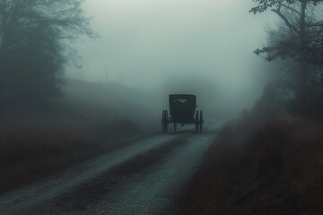 Poster - A lone horse-drawn buggy slowly travels down a fog-covered road, surrounded by eerie trees. The atmospheric scenery evokes a sense of mystery and nostalgia.