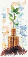 Poster - A painting of a plant growing out of three stacks of coins