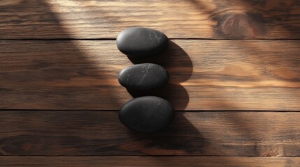 Poster - three smooth black stones arranged on a wooden surface with soft shadows creating a serene atmospher