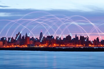 Fototapete - City skyline network at dawn.  Modern cityscape connected by digital lines