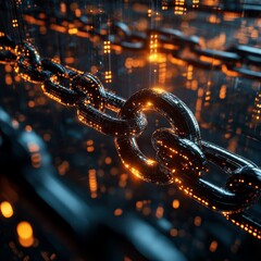 Poster - a chain of links is shown in a dark room with a bright orange glow. the chain is made of metal and h