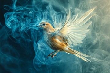 Poster - A stunning portrayal of a bird in flight, surrounded by vibrant smoke, creating a dreamlike atmosphere filled with elegance and tranquility.