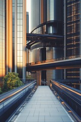 Poster - modern urban pathway leading through imposing skyscrapers at sunset in a city landscape
