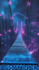 Poster - futuristic bridge illuminated by neon lights and sparkles at night with deep perspective