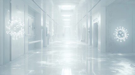 Poster - A large, empty hallway with a white wall and a white floor. The hallway is illuminated by a light above the floor