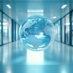 Poster - A clear globe is suspended in a large, empty room. The globe is surrounded by a blue wall and a white floor. The room is dimly lit, giving it a mysterious and ethereal atmosphere