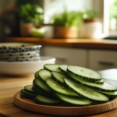 Aufkleber - Refreshing sliced cucumber presentation on wooden plate offering a culinary delight capturing freshness and organic appeal