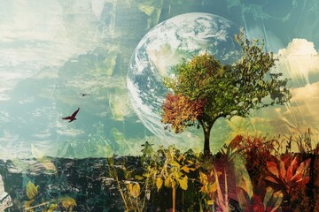 Poster - Captivating surreal landscape featuring a vibrant tree under a large Earth, symbolizing harmony between nature and the universe, evoking tranquility and imagination.