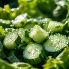 Aufkleber - Invigorating closeup of fresh cucumber slices in a crisp lettuce salad perfect for summer health and wellness