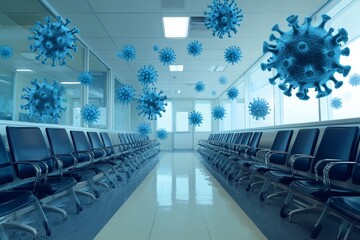 Poster - A room full of chairs with a blue virus in the air. The chairs are empty
