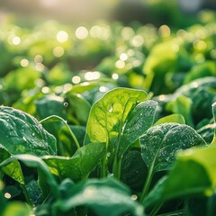 Poster - Freshness exemplified by delicate spinach leaves adorned with tiny sparkling water droplets after gentle rain