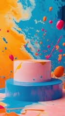 Fototapete - Artistic Showcase of Colorful Paint Splatters and Floating Shapes Against an Abstract Background Design