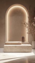 Poster - Interior scene with display arch, concrete podium platform, vase, and dried plant arrangement