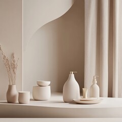 Fototapete - Elegant Aesthetic Showcase of Creamy Toned Vases Bowls and Dispensers Against Soft Backdrop for Spa and Minimalist Decor