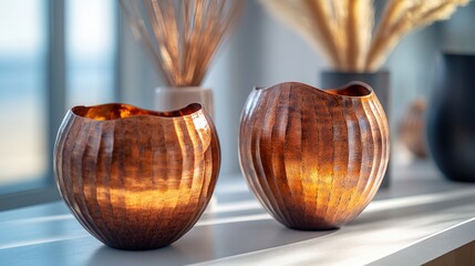Poster - two beautifully crafted wooden vases with sunlight reflecting off them, surrounded by decorative ele