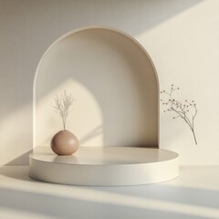 Aufkleber - Aesthetic Archway Display Minimalist Product Showcase Podium in Warm Beige Hues for Serene Scene