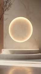 Aufkleber - Minimalist Presentation Podium Against a Textured Wall with Illuminated Circle for Product Display or Art Exhibition
