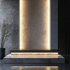 Poster - Illuminated minimalist podium presentation stage platform with modern stone texture and elegant backdrop