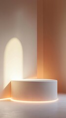 Aufkleber - Cylindrical pedestal with arched window light showcase minimal design neutral colors soft warm light studio