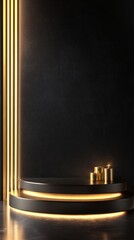 Aufkleber - Luxurious pedestal design with golden accent lights and black textured wall background for product display