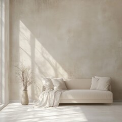 Poster - Serene Living Room Interior with Beige Sofa and Natural Light Casting Shadows on Textured Wall Décor
