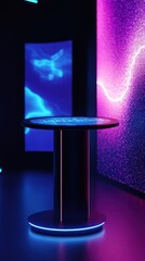 Aufkleber - Modern Round Table Display with Neon Lights Background for Futuristic Product Presentation Setup