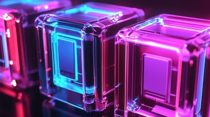 Fototapete - Vibrant illuminated transparent cubes reflecting colorful neon lights in a modern environment