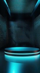 Poster - Sleek futuristic product display stage with dynamic blue neon light highlighting modern geometric texture